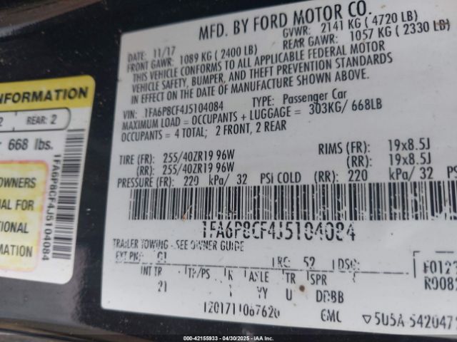 1FA6P8CF4J5104084 Ford MUSTANG GT