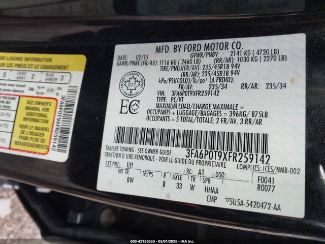 3FA6P0T9XFR259142 Ford FUSION SE
