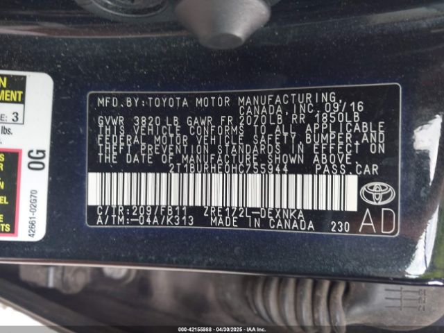 2T1BURHE0HC755944 Toyota COROLLA LE