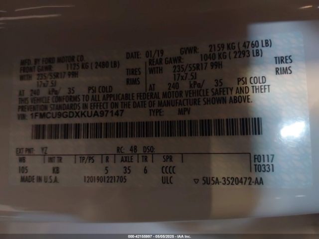 1FMCU9GDXKUA97147 Ford ESCAPE SE