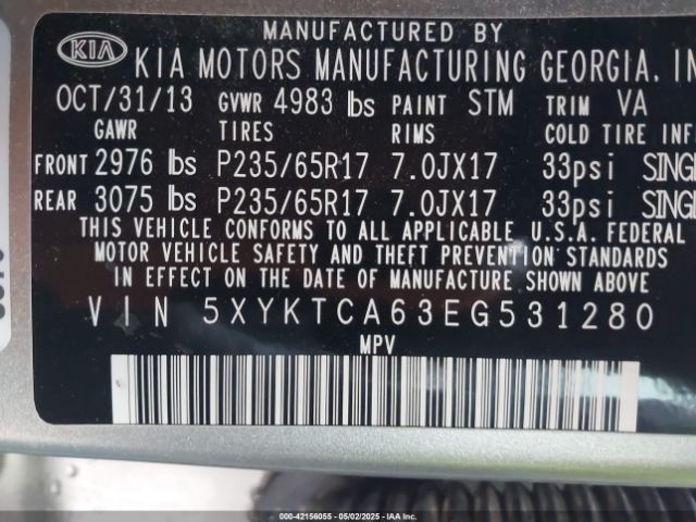 5XYKTCA63EG531280 KIA SORENTO LX