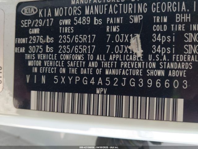 5XYPG4A52JG396603 KIA Sorento 3.3l Lx