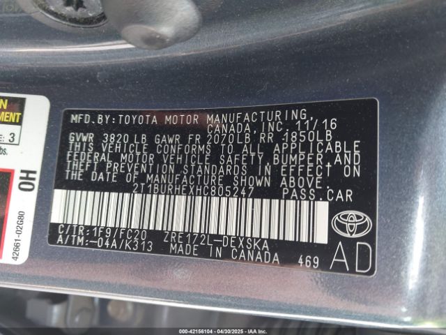 2T1BURHEXHC805247 Toyota COROLLA SE