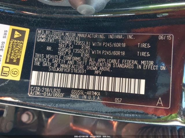 5TDJKRFH3FS183691 Toyota Highlander Xle V6