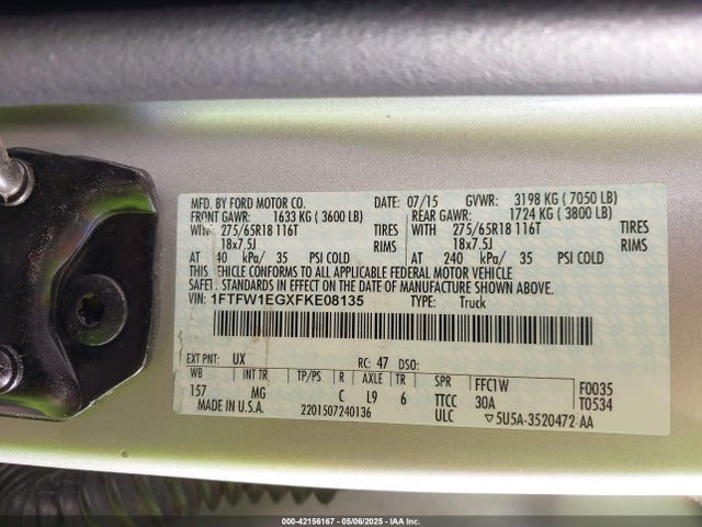 1FTFW1EGXFKE08135 Ford F-150 Xlt