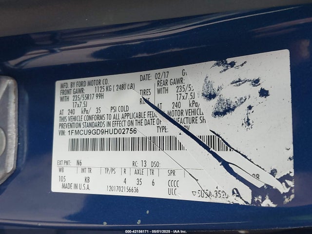 1FMCU9GD9HUD02756 Ford ESCAPE SE