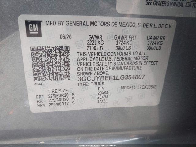 3GCUYBEF1LG354807 Chevrolet Silverado 1500 4wd  Short Bed Custom