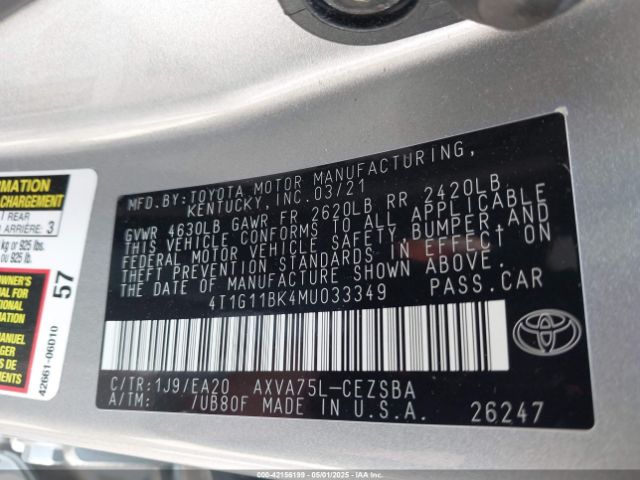 4T1G11BK4MU033349 Toyota Camry Se Awd