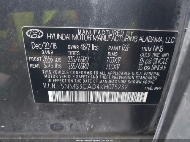 5NMS3CAD4KH075239 Hyundai Santa Fe Sel