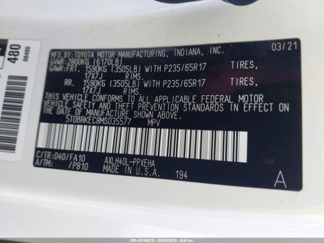5TDBRKEC8MS035577 Toyota SIENNA LE