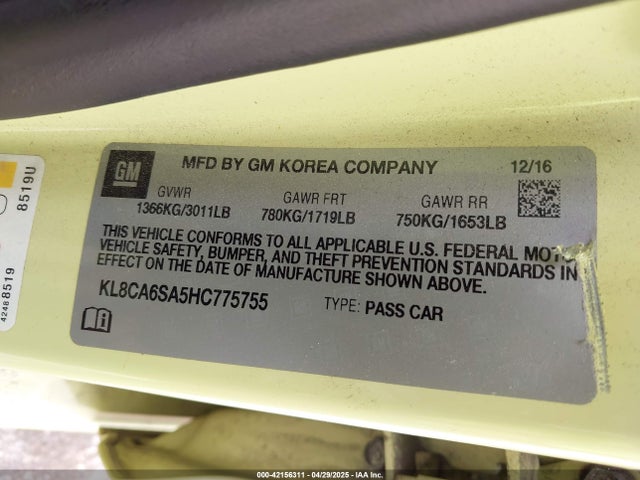KL8CA6SA5HC775755 Chevrolet Spark Ls Manual