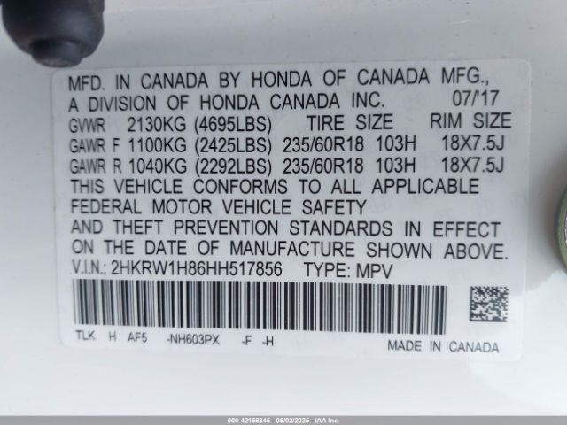 2HKRW1H86HH517856 Honda Cr-v Ex-l/ex-l Navi
