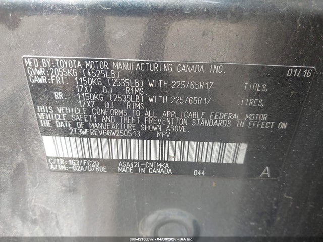 2T3WFREV6GW250513 Toyota Rav4 Xle