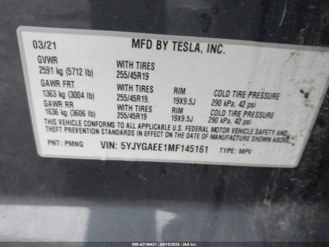 5YJYGAEE1MF145161 Tesla Model Y Long Range Dual Motor All-wheel Drive