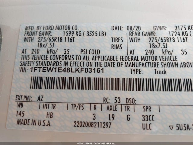 1FTEW1E48LKF03161 Ford F-150 Lariat