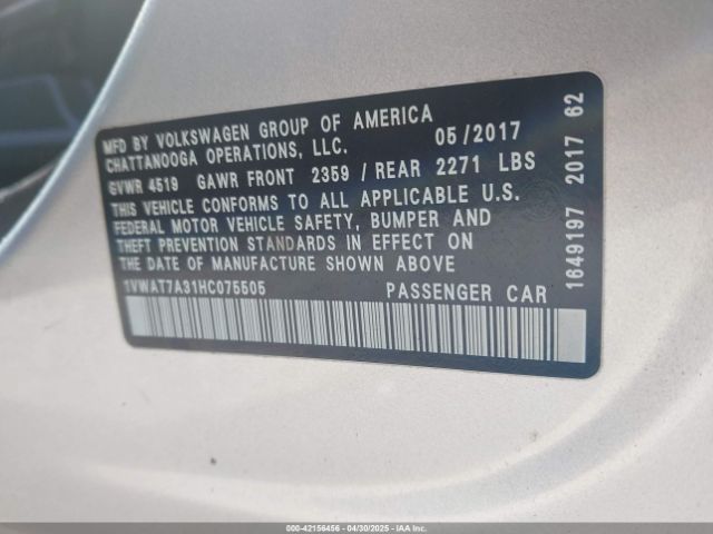 1VWAT7A31HC075505 Volkswagen Passat 1.8t S