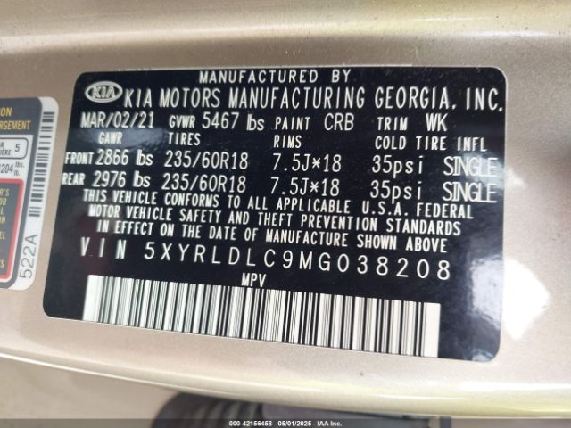5XYRLDLC9MG038208 KIA SORENTO S