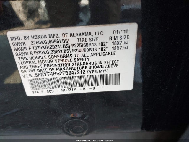 Honda Pilot Ex-l 2015 5FNYF4H52FB047212 Image 9