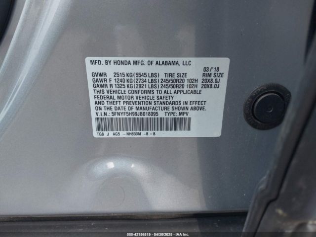 5FNYF5H99JB018095 Honda Pilot Touring