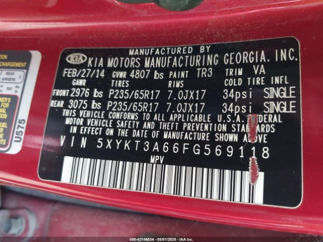 5XYKT3A66FG569118 KIA SORENTO LX