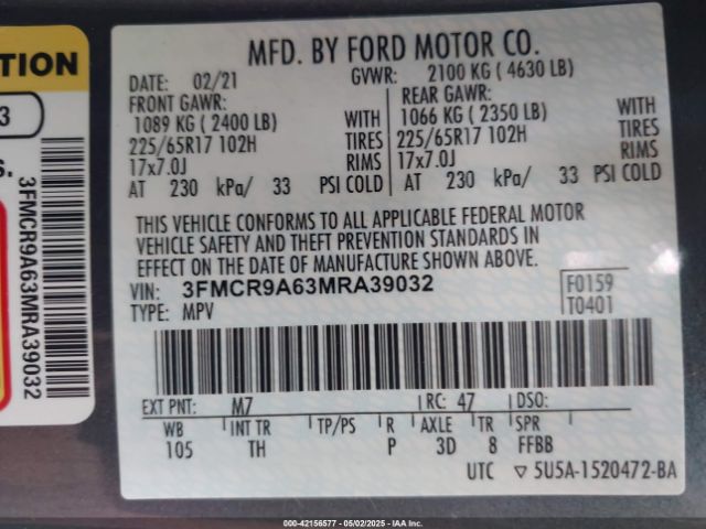 3FMCR9A63MRA39032 Ford Bronco Sport