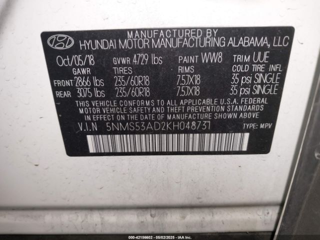 5NMS53AD2KH048731 Hyundai Santa Fe Limited