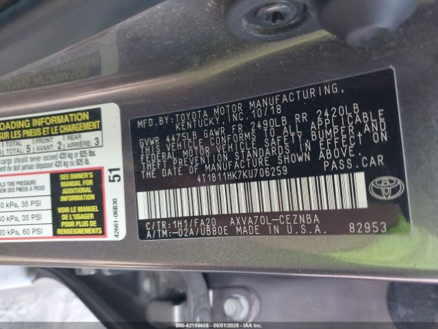 4T1B11HK7KU706259 Toyota CAMRY LE