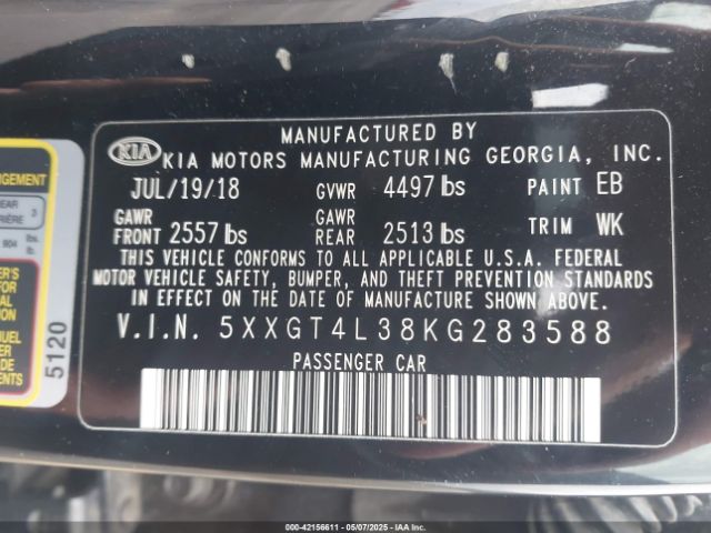 5XXGT4L38KG283588 KIA Optima Lx