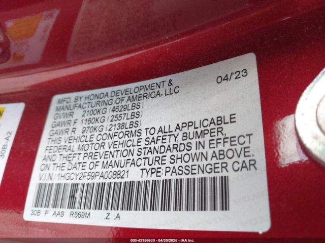 1HGCY2F59PA008821 Honda Accord Hybrid Sport