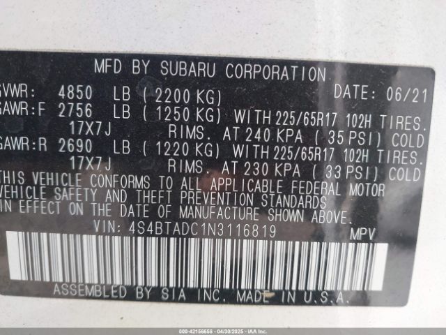4S4BTADC1N3116819 Subaru Outback Premium