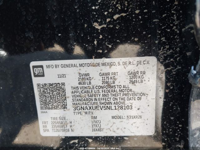 3GNAXUEV5NL128103 Chevrolet Equinox Awd Lt