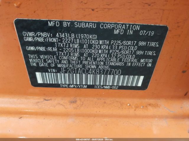 JF2GTACC4K8377700 Subaru Crosstrek 2.0i Premium