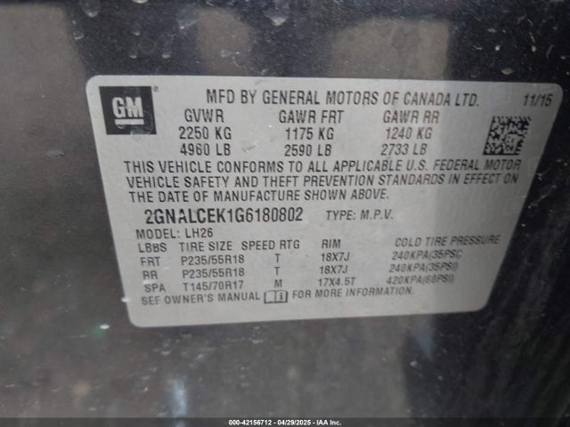 Chevrolet EQUINOX LT 2016 2GNALCEK1G6180802 Image 9
