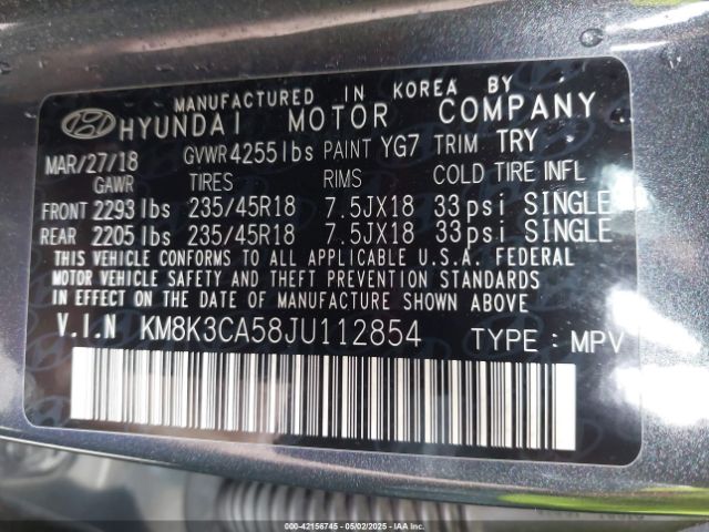 KM8K3CA58JU112854 Hyundai Kona Limited