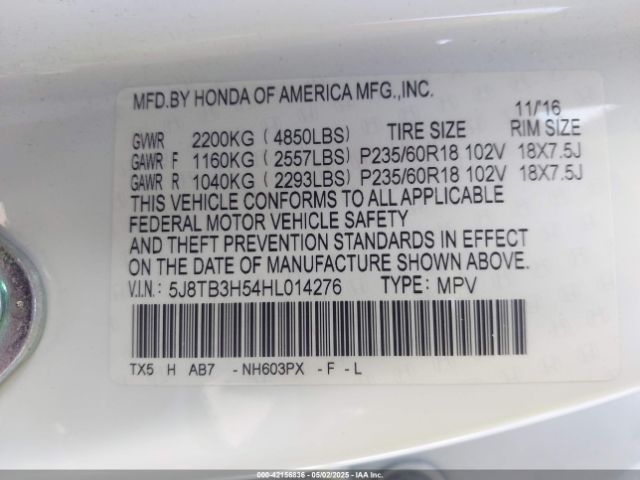 5J8TB3H54HL014276 Acura Rdx Technology   Acurawatch Plus Packages/w/technology Package