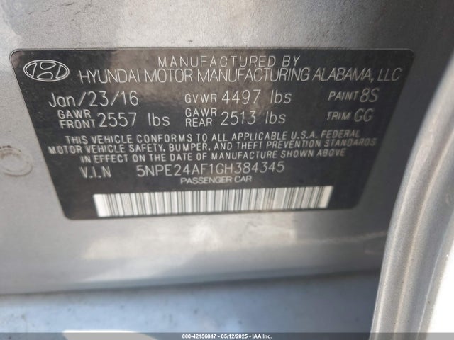 5NPE24AF1GH384345 Hyundai SONATA SE