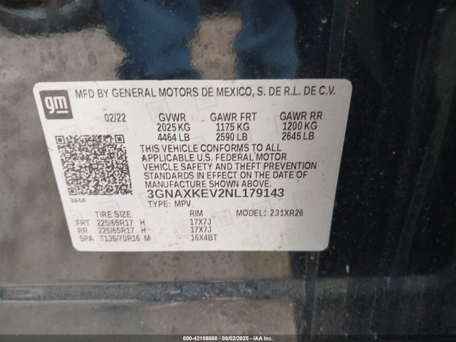 3GNAXKEV2NL179143 Chevrolet Equinox Fwd Lt