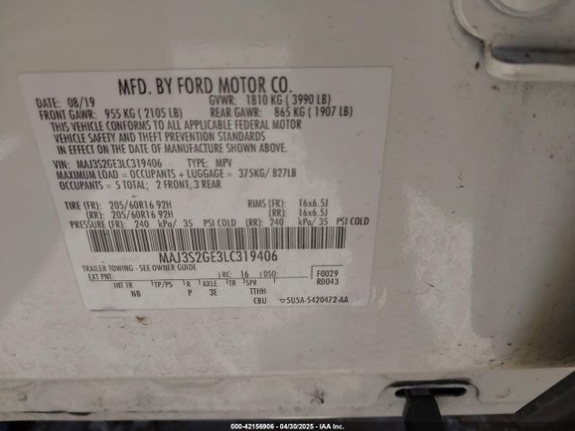 MAJ3S2GE3LC319406 Ford Ecosport Se