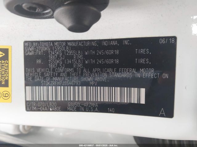 5TDKZRFH7JS546793 Toyota Highlander Xle