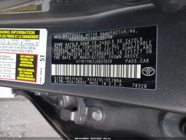 4T1B11HK1JU631928 Toyota CAMRY LE