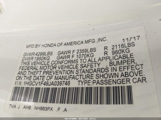 1HGCV1F49JA039746 Honda ACCORD EX