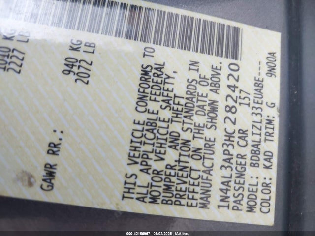 1N4AL3AP3HC282420 Nissan Altima 2.5 Sv