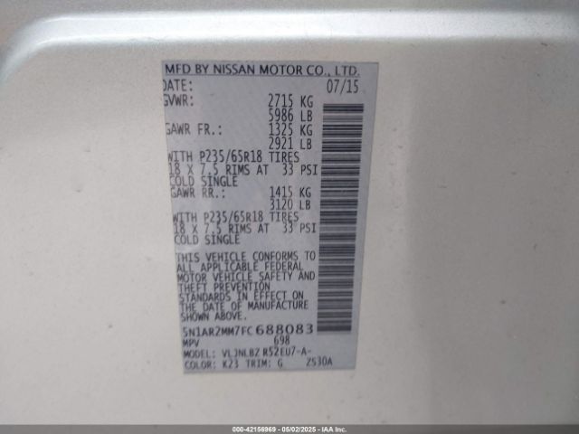 5N1AR2MM7FC688083 Nissan Pathfinder Platinum/s/sl/sv