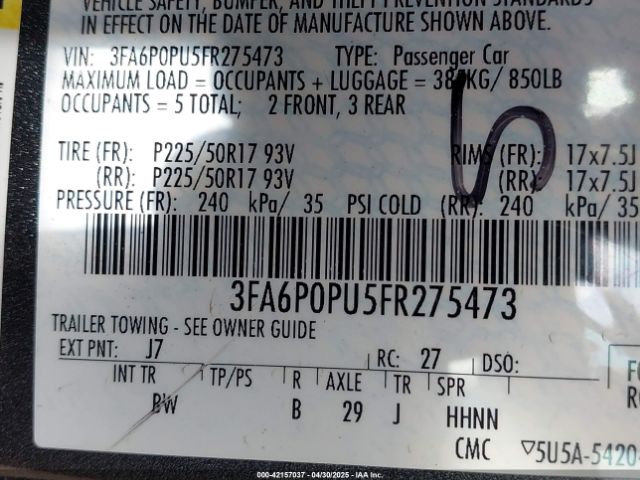 3FA6P0PU5FR275473 Ford Fusion Energi Se Luxury