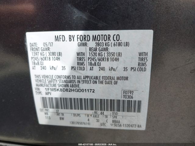 1FM5K8D82HGD01172 Ford EXPLORER XLT