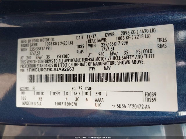 1FMCU0GD0JUA92663 Ford ESCAPE SE