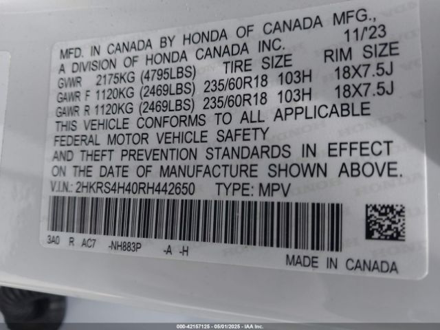 2HKRS4H40RH442650 Honda Cr-v Ex Awd