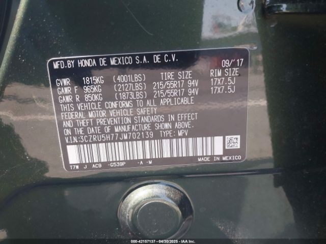 3CZRU5H77JM702139 Honda Hr-v Ex-l
