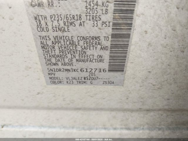 5N1DR2MN3KC612716 Nissan Pathfinder Sv