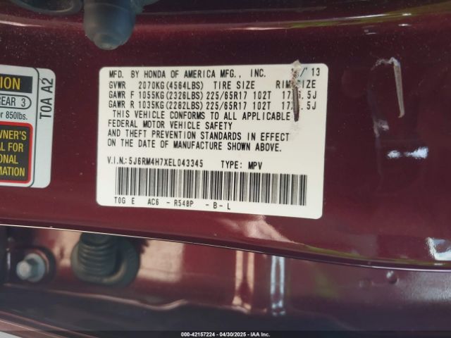 5J6RM4H7XEL043345 Honda Cr-v Ex-l